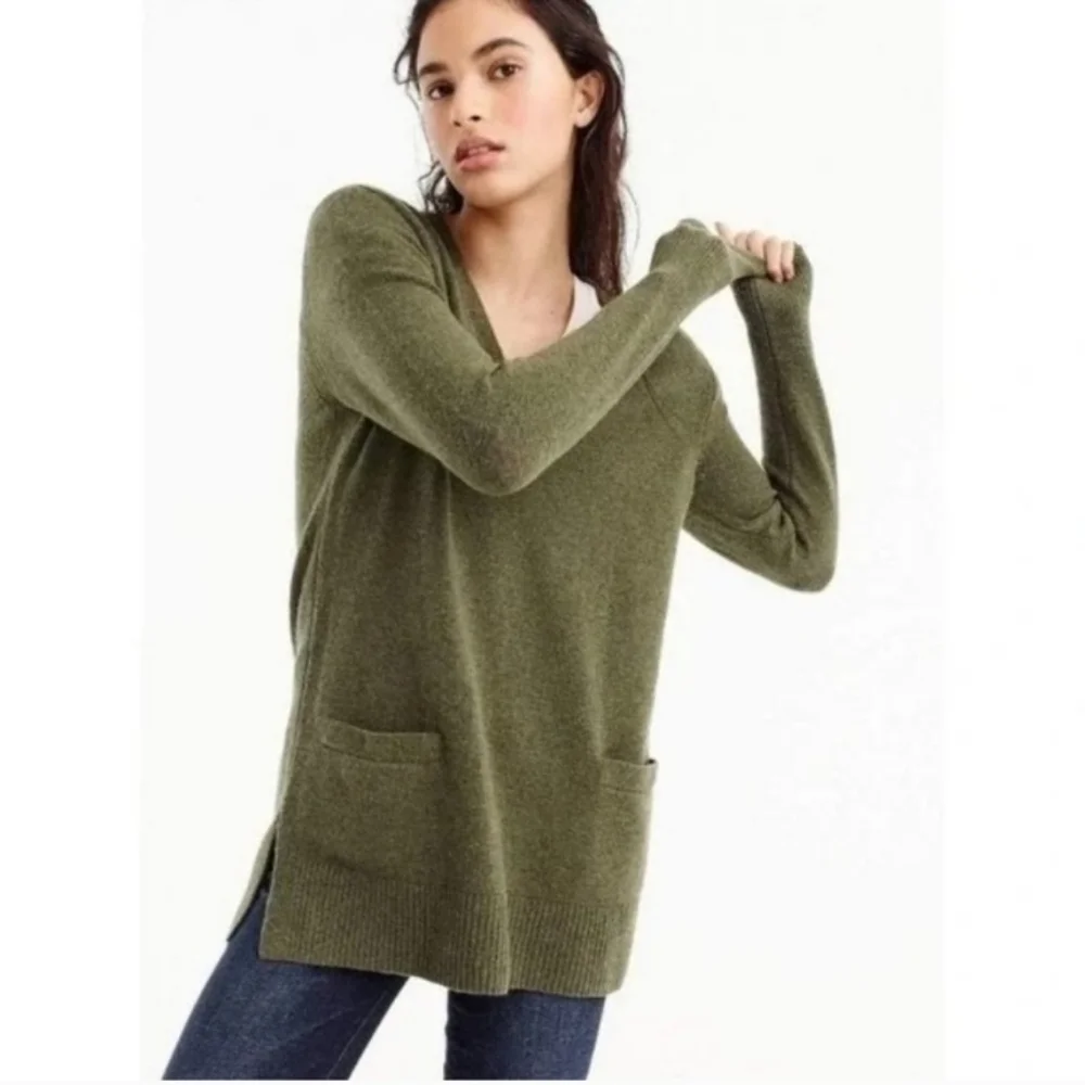 J. Crew‎ Sz XXS V-Neck Front-Pocket Forest Green Tunic Sweater in Supersoft Yarn